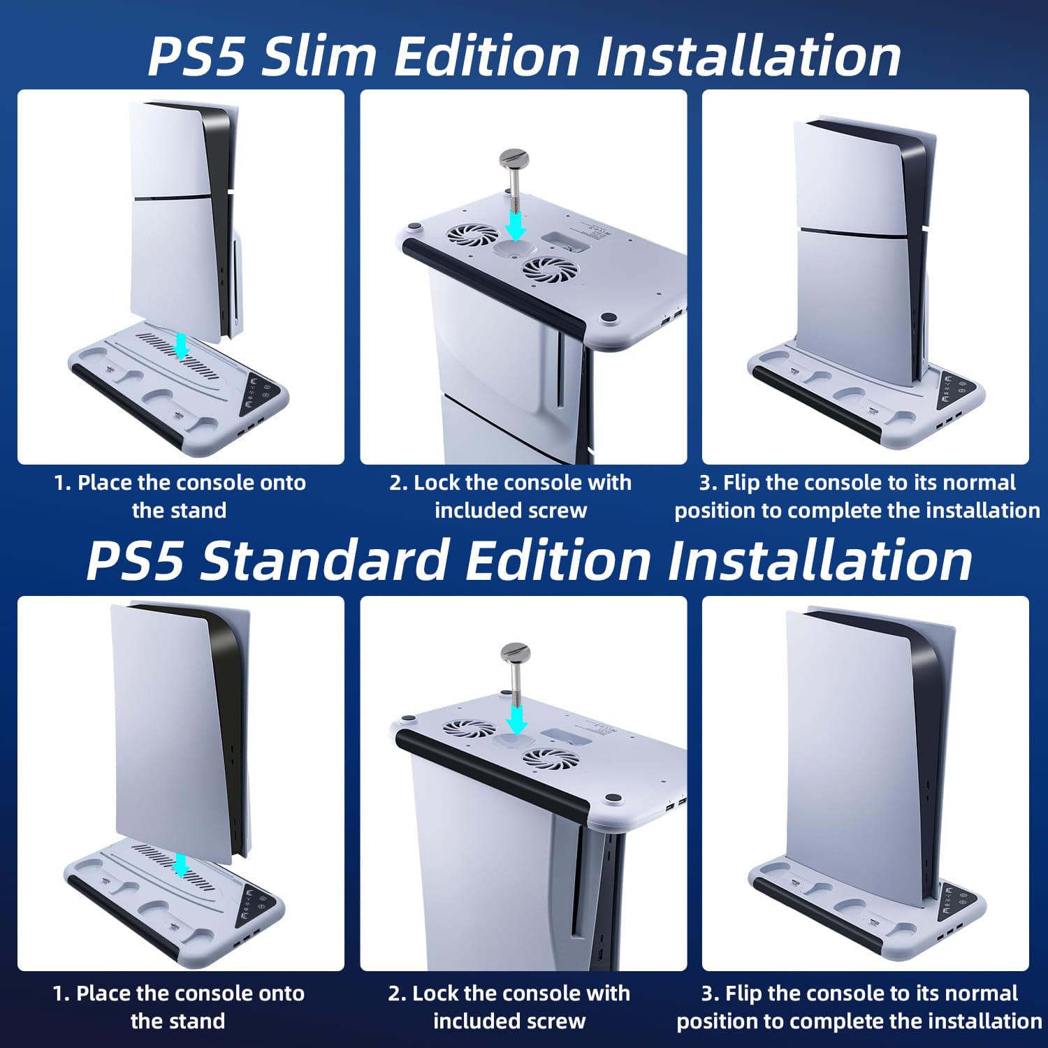 Supporto con ventola per console PS5 Slim/PS5, stazione di ricarica per DualSense/Edge Controller con 9 luci RGB, supporto per cuffie e 3 hub USB per PS5 UHD e Digital-Bianco
