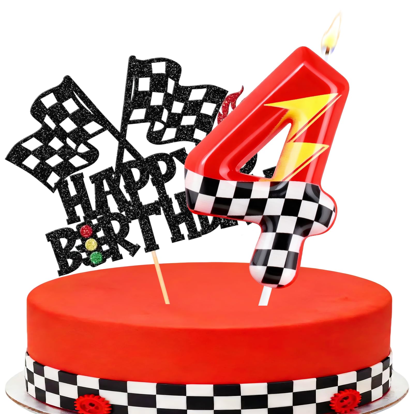 Racing Cars Themed Number Candles, Cake Candles with Greeting Card for Birthday Party Wedding Anniversary Celebrations(4 Candle,Sparkle)