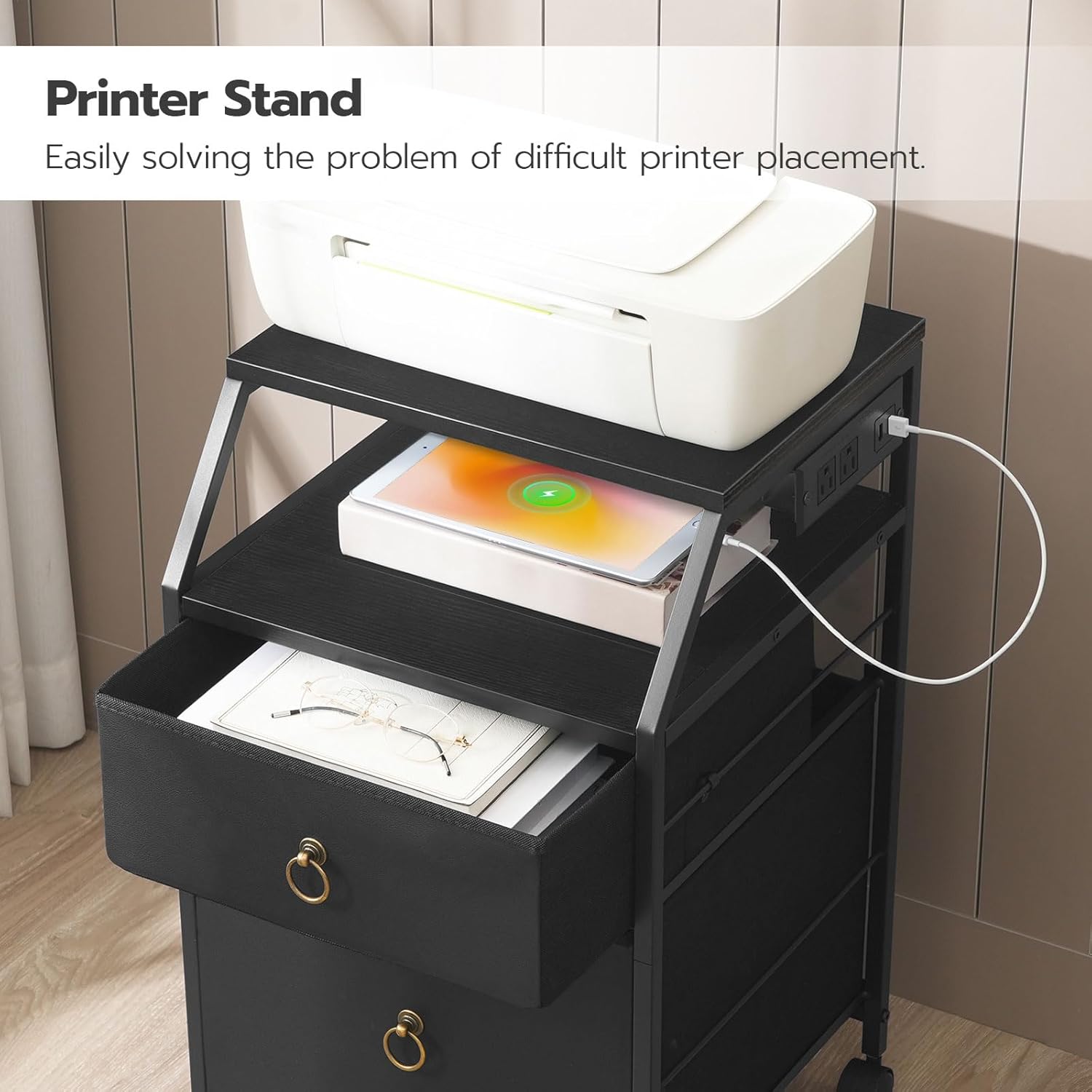HOOBRO 2-Drawer Mobile File Cabinet, Filing Cabinet with Charging Station, Rolling Printer Stand with Open Storage Shelf, fits A4/Letter-Size for Home Office, Nonwovens Drawer, Black BB10UWJ01