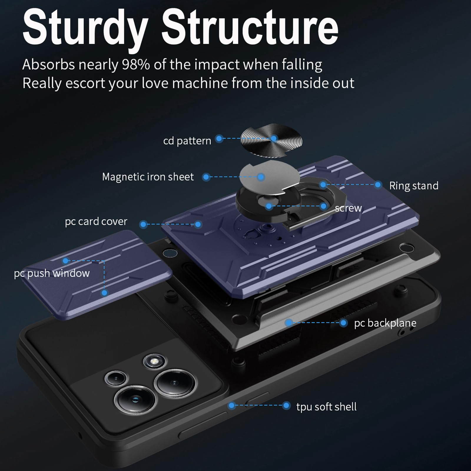 Cover per Xiaomi Redmi Note 13 4G con 2 Pezzi Vetro Temperato, Rigida PC Back e TPU Bumper Antiurto Custodia Protettiva[Slidable Fotocamera Proteggi][Slot per Schede][Supporto Girevole], Nero