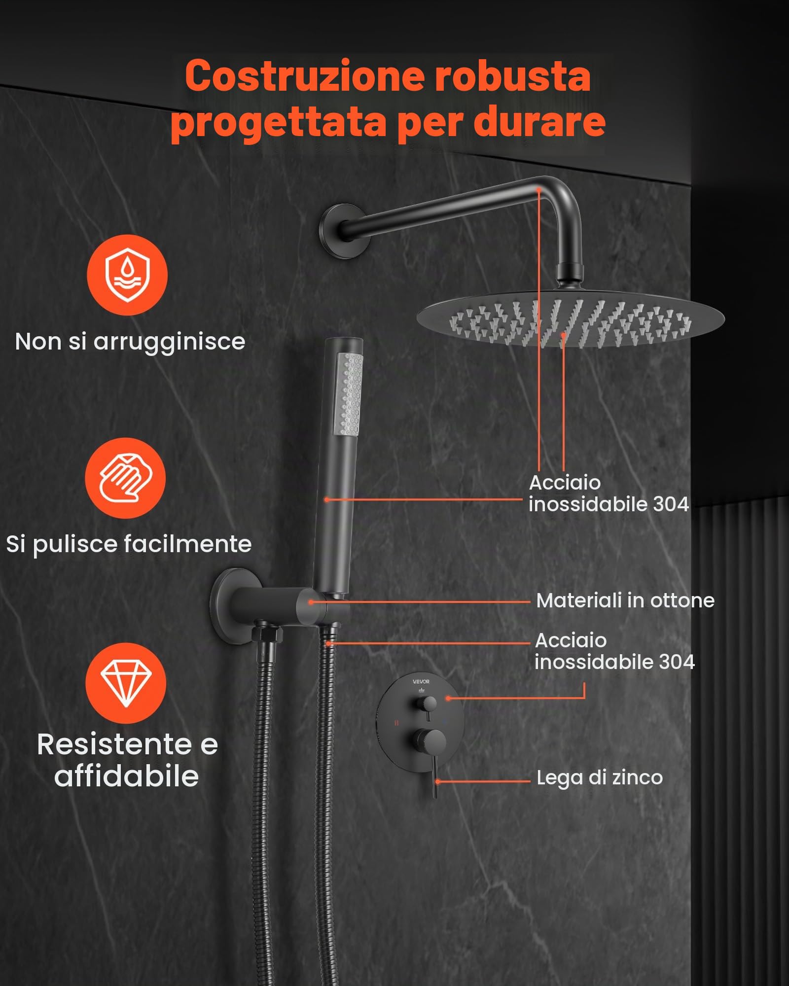 VEVOR Sistema Doccia a Pioggia per Bagno con Soffione Tondo 203 mm e Doccetta, Set di Rubinetti da Doccia a Parete, con Valvola in Ottone e Kit di Finitura, Rubinetto Doccia, Nero Opaco