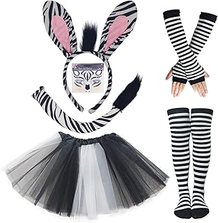 Zebra Costume Kit Zebra Ears Headband Tail Tutu Skirt Striped Knee Socks Animal Costume for Halloween Birthday Party