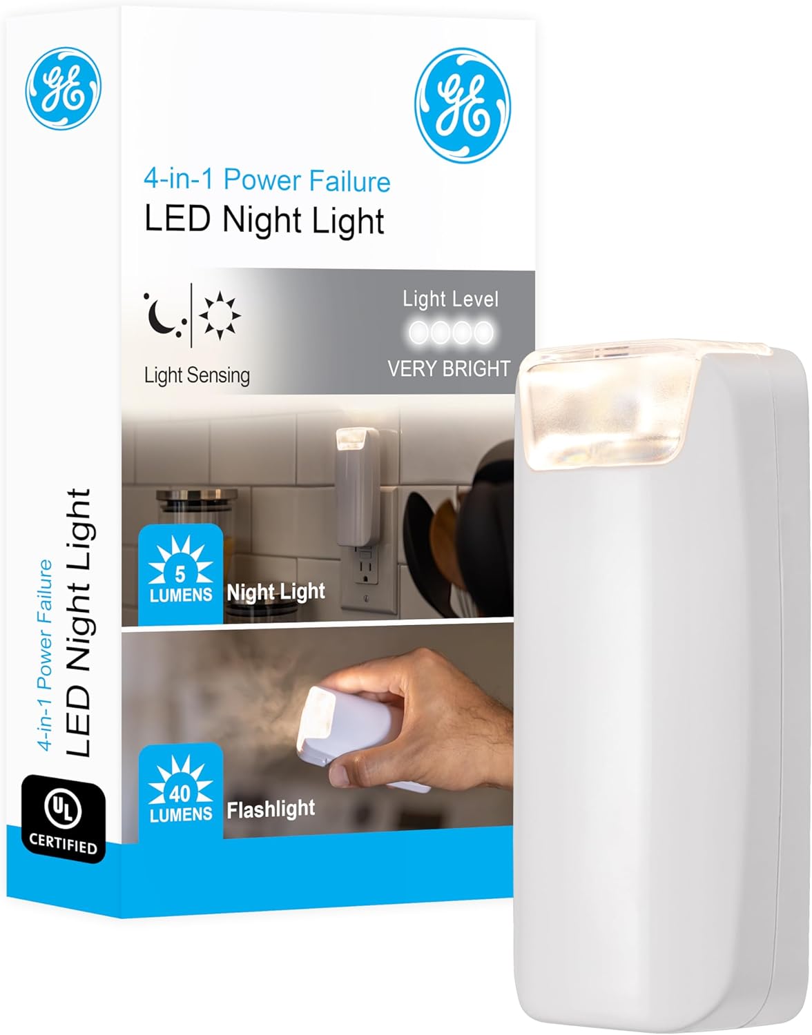 GE 4-in-1 Power Outage Plug in Night Light LED Flashlight for Dorm Room, Apartment Essentials, Battery Operated Lights Emergency Supplies, Dusk to Dawn Sensor Nightlight, 2 Pack, White 49578