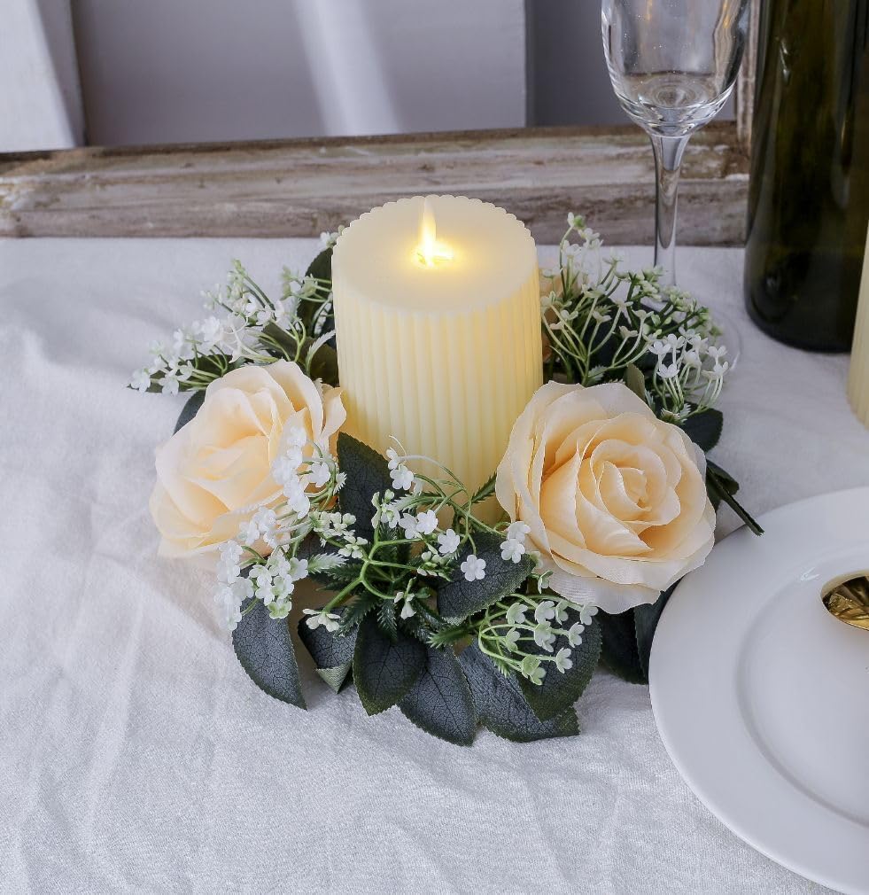 4 Pcs Artificial Rose Candle Rings,Floral Wreaths with Eucalyptus Leaves Greenery Garland 3 Inch Center for Pillar Candle Lantern Wedding Centerpiece Party Home Table Decor (Champagne)