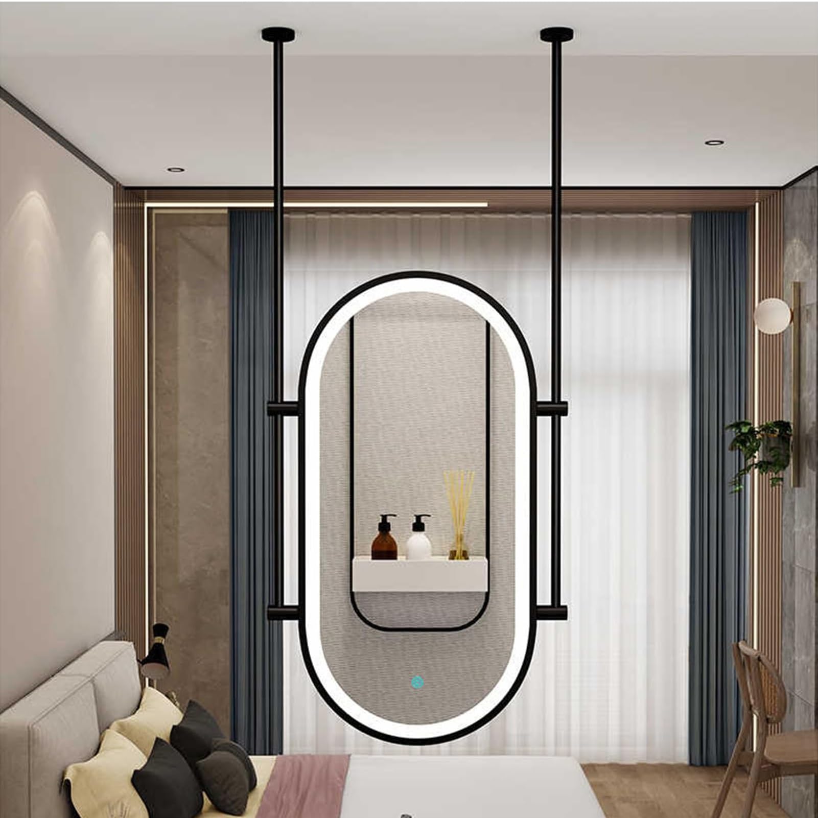 QICBYING Ceiling Hanging Mirror With LED Lights, Oval Hanging Rod Mirror, Metal Ceiling Hanging Floating Mirrors, 3-Color Dimmable Lights HD Glass Mirrors, For Entrance Cloakroom and Home Decor