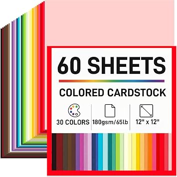 Booknow 60 Sheets Colored Cardstock Paper for Crafts, 30 Assorted Colors 70lb/180GSM Construction Paper, 12x12 Inches, Scrapbook & DIY Crafts, Back to School Supplies