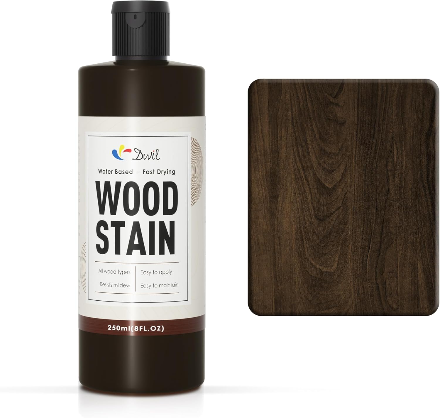 Product image of DWIL Water Based Wood Stain - Multiple Finishes, Fast Drying, Indoor and Outdoor Furniture, Wood Paneling, Cabinets and More, Low Odor ＆ Non-Toxic (8.5oz Black Walnut)