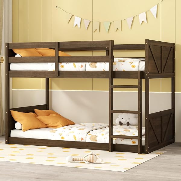 Bunk Bed Twin Over Twin, Wood Low Profile Floor Twin Bunk Beds with Headboard Ladder Guardrails for Kids Boys and Girls,