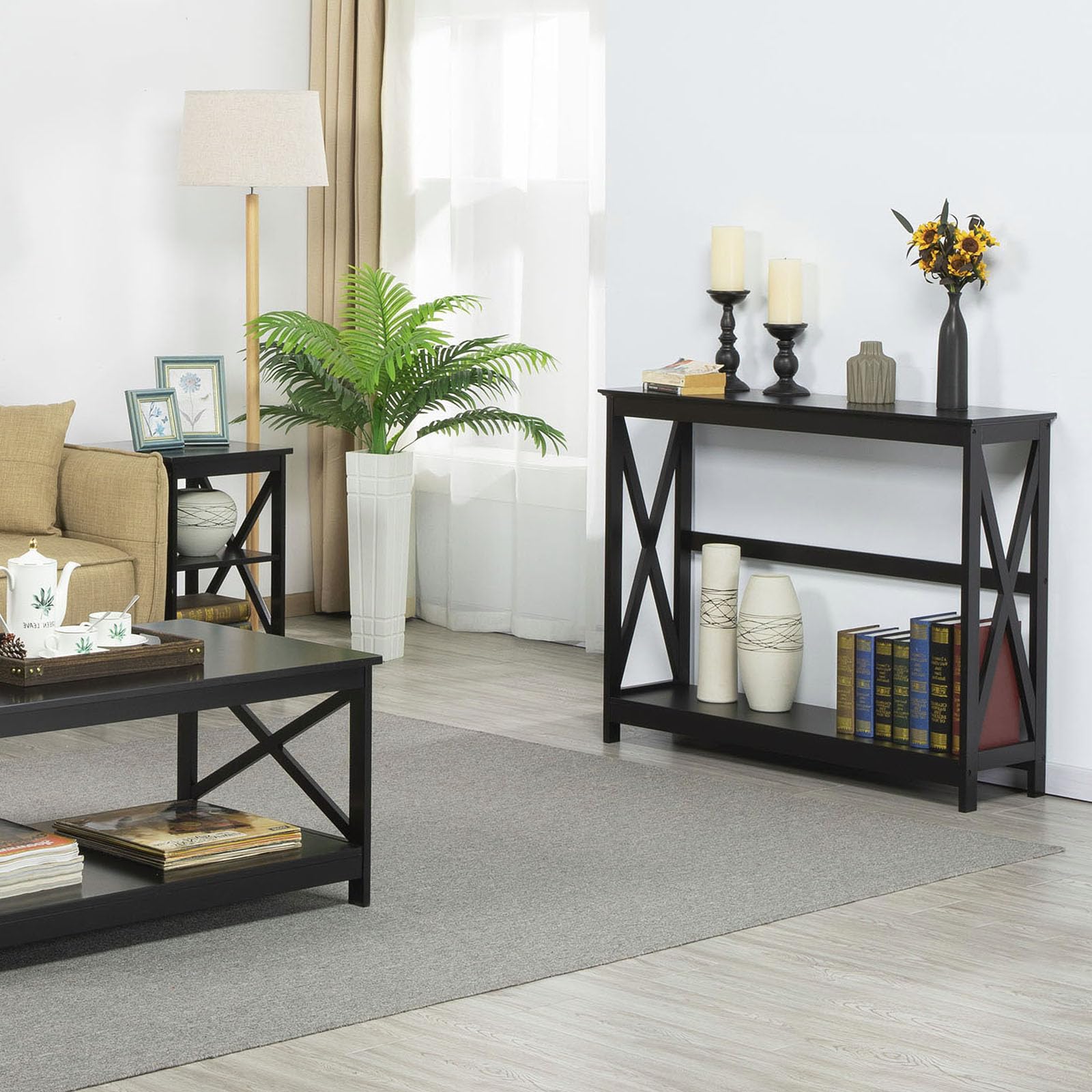 Yaheetech Table Console Table d'Entrée en Bois Meuble de Salon, Moderne, avec 2 Etagères de Rangement, Structure en X, pour Petits Espaces, Salon, Couloir, 102 x 30 x 81 cm, Noir