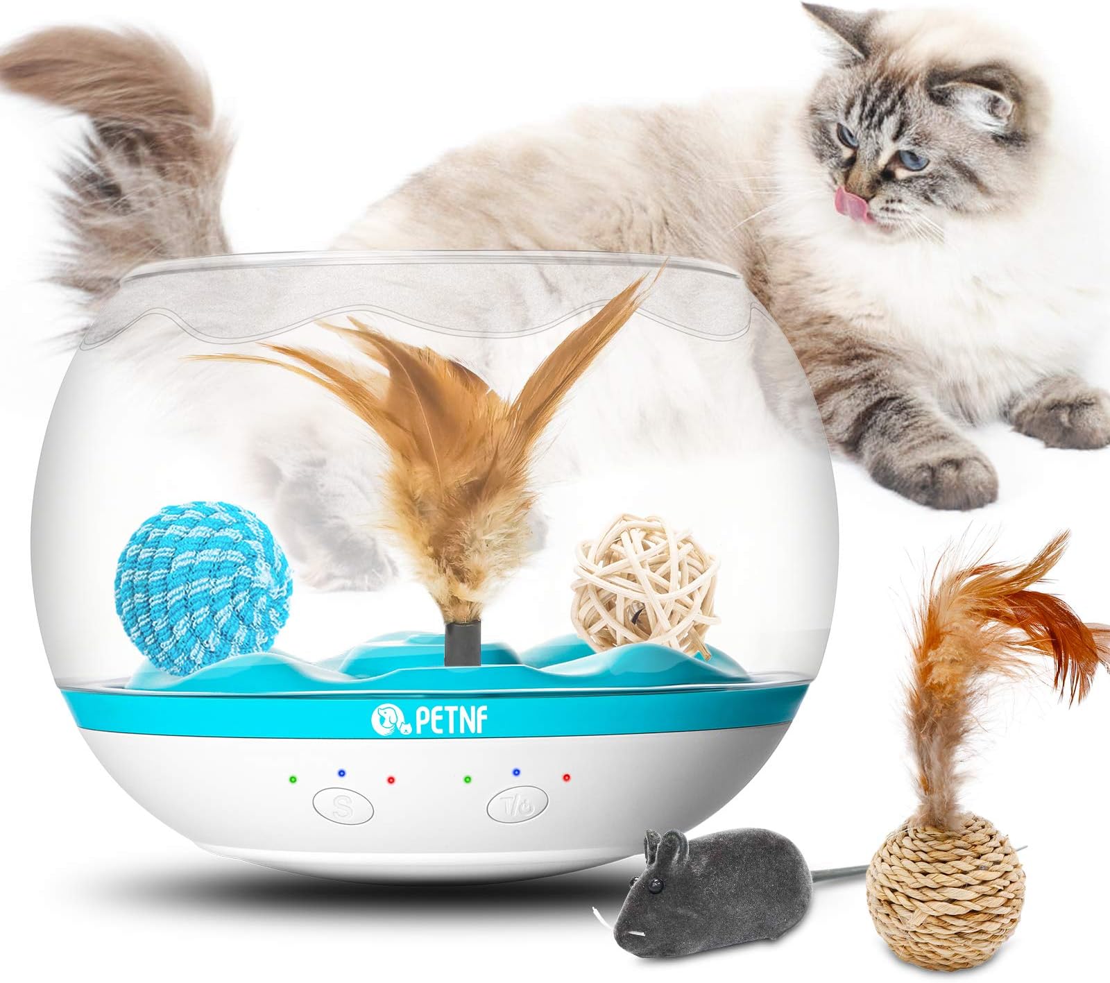 PETNF 2021 Newest Interactive Cat Toy,Fish Bowl-Shaped Kitten Toys,Cat Feather Toys Timer Setting,Cat Tumbler Toy USB Charging,Multiple Game Play,Automatic Rotating,Non-Toxic and Eco-Friendly