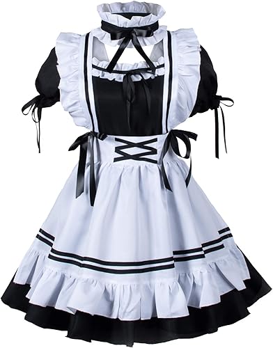 Miniatura 3 de Juego disfraz anime de sirvienta francesa con set de medias y orejas de gato peludas, disfraz elegante de lolita para cosplay, Negro-blanco, M