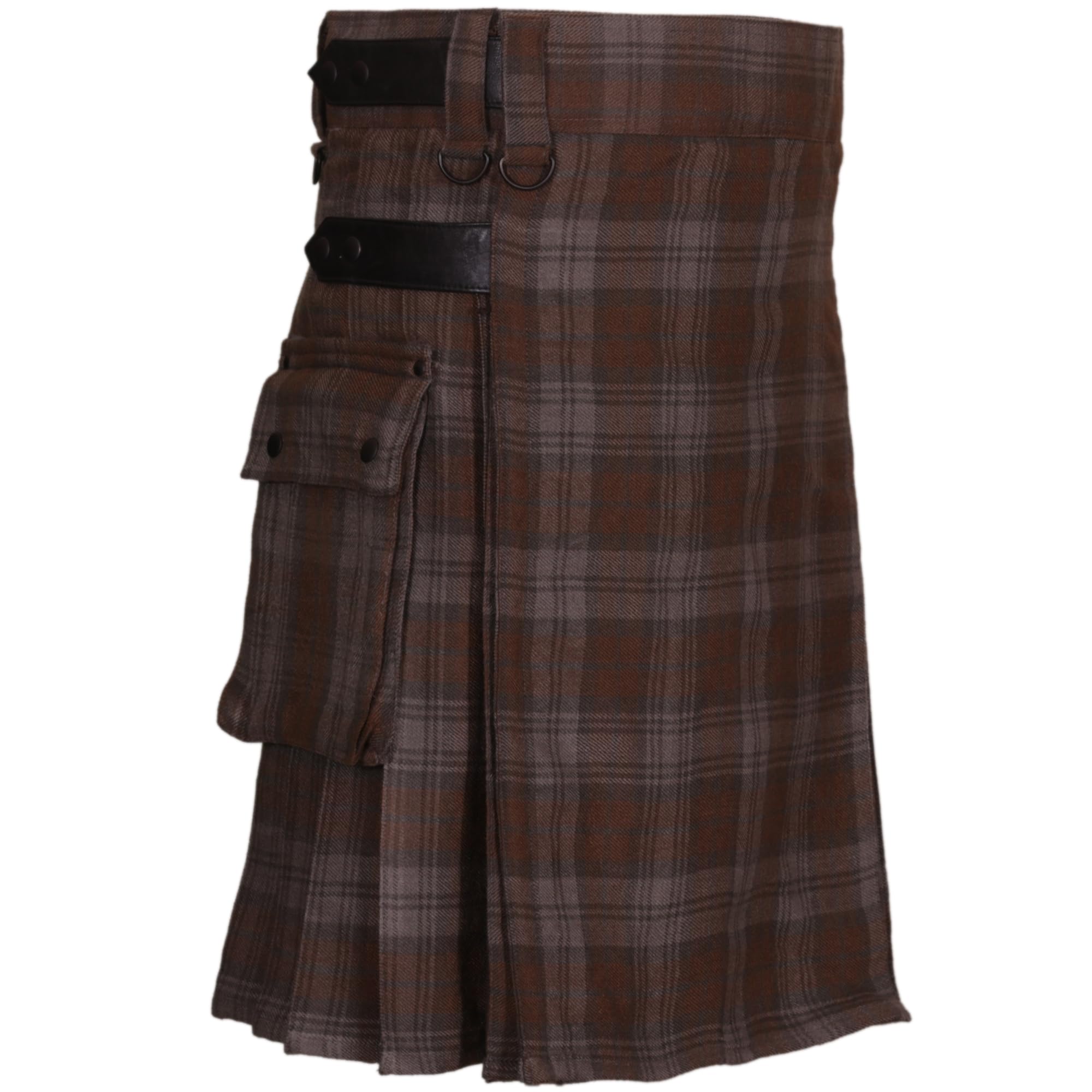 Men's Kilt in Black Watch Weathered Tartan Leather Straps 16OZ Acrylic Wool Utility Kilts (38'' Around The Belly Button)
