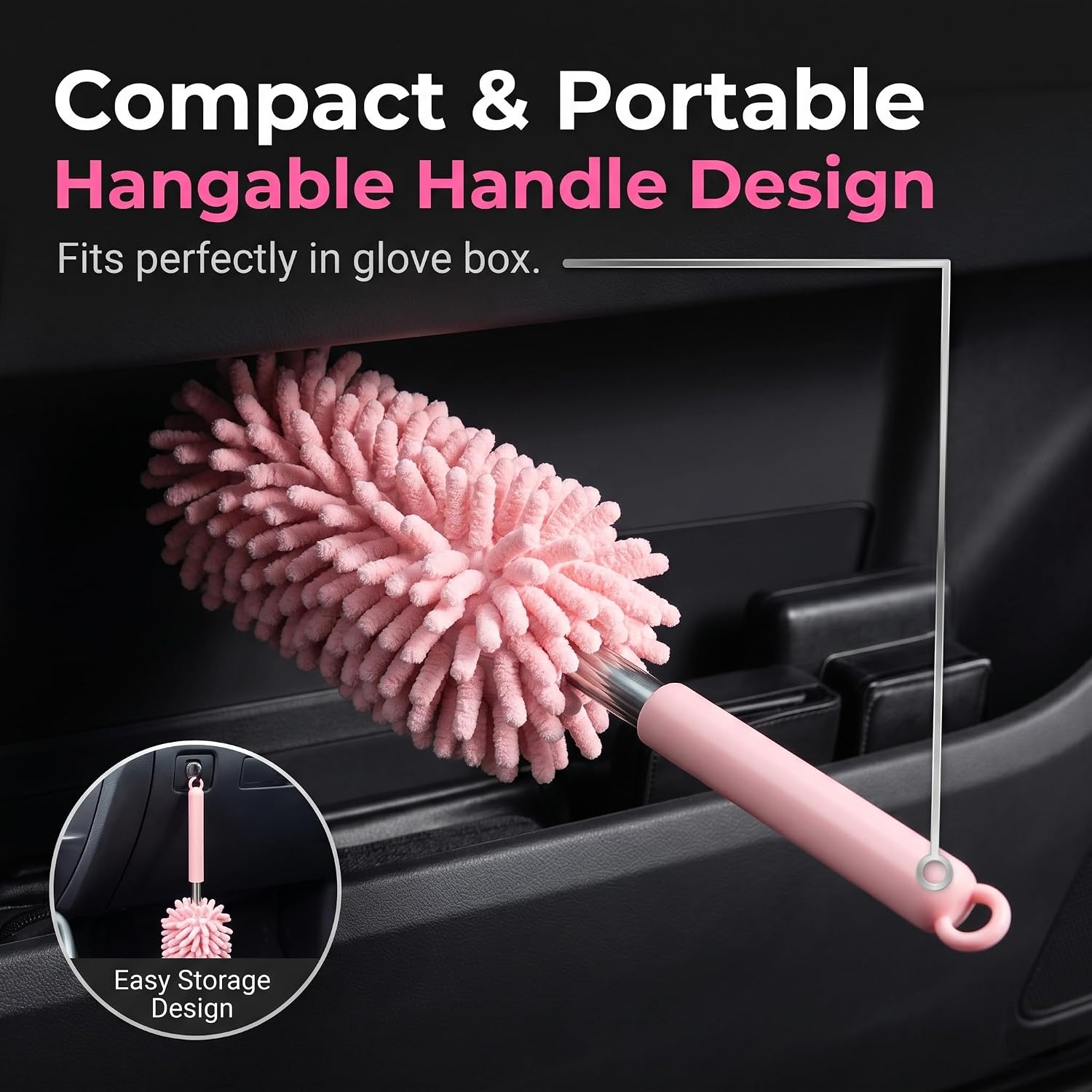 2 PCS Car Interior Duster with Extension Pole, Microfiber Bendable Head Telescopic Cleaning Tool, Scratch Free for Vehicle Interior & Exterior, Universal for Most Cars, Trucks, SUVs (Pink)