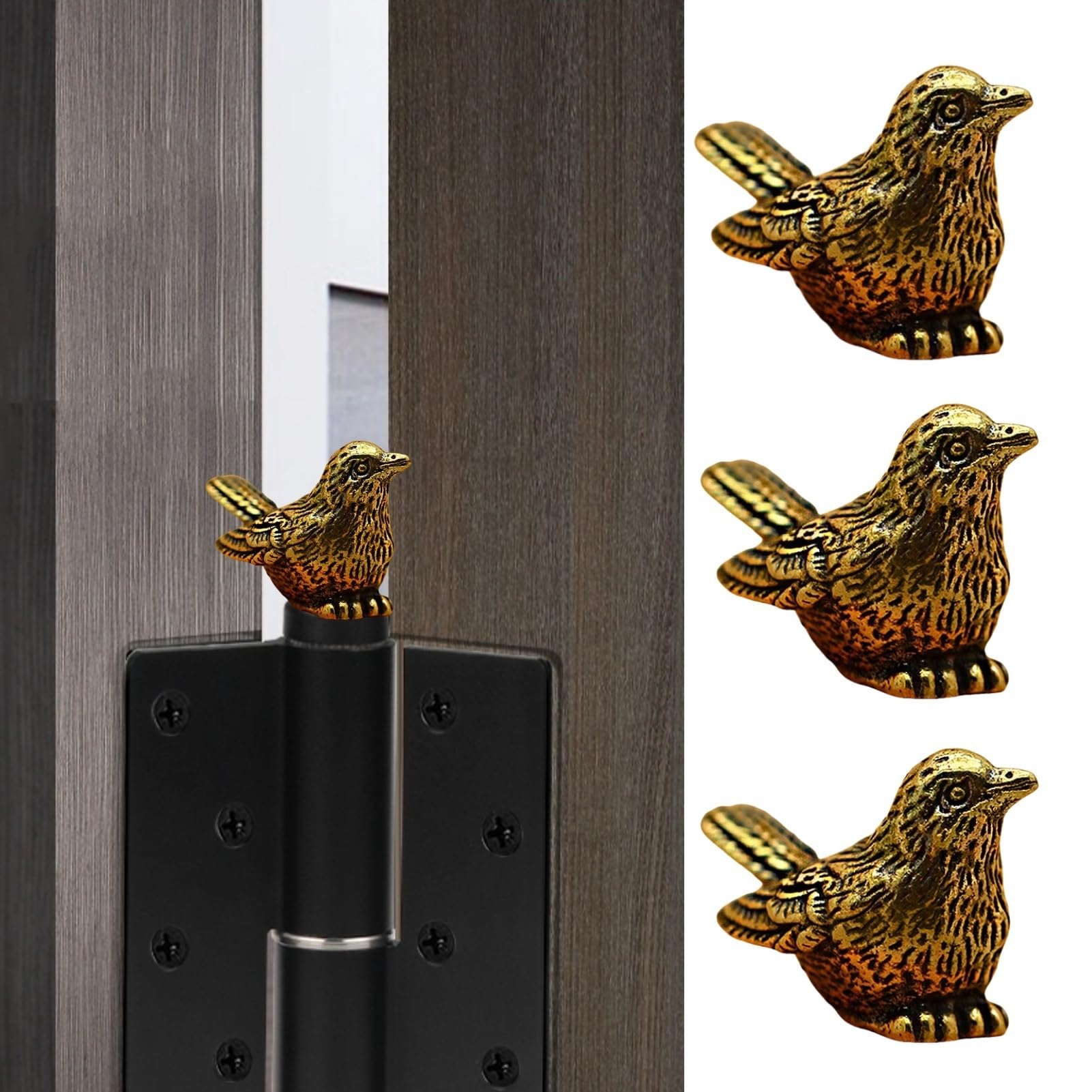3Pcs Brass Sparrow Magnetic Hinge Head Toppers?Little Bird Door Hinge Heads Decorative Topper?Door Hinge Hanging Chain Decoration?Cute Magnetic Hinge Heads Figurines