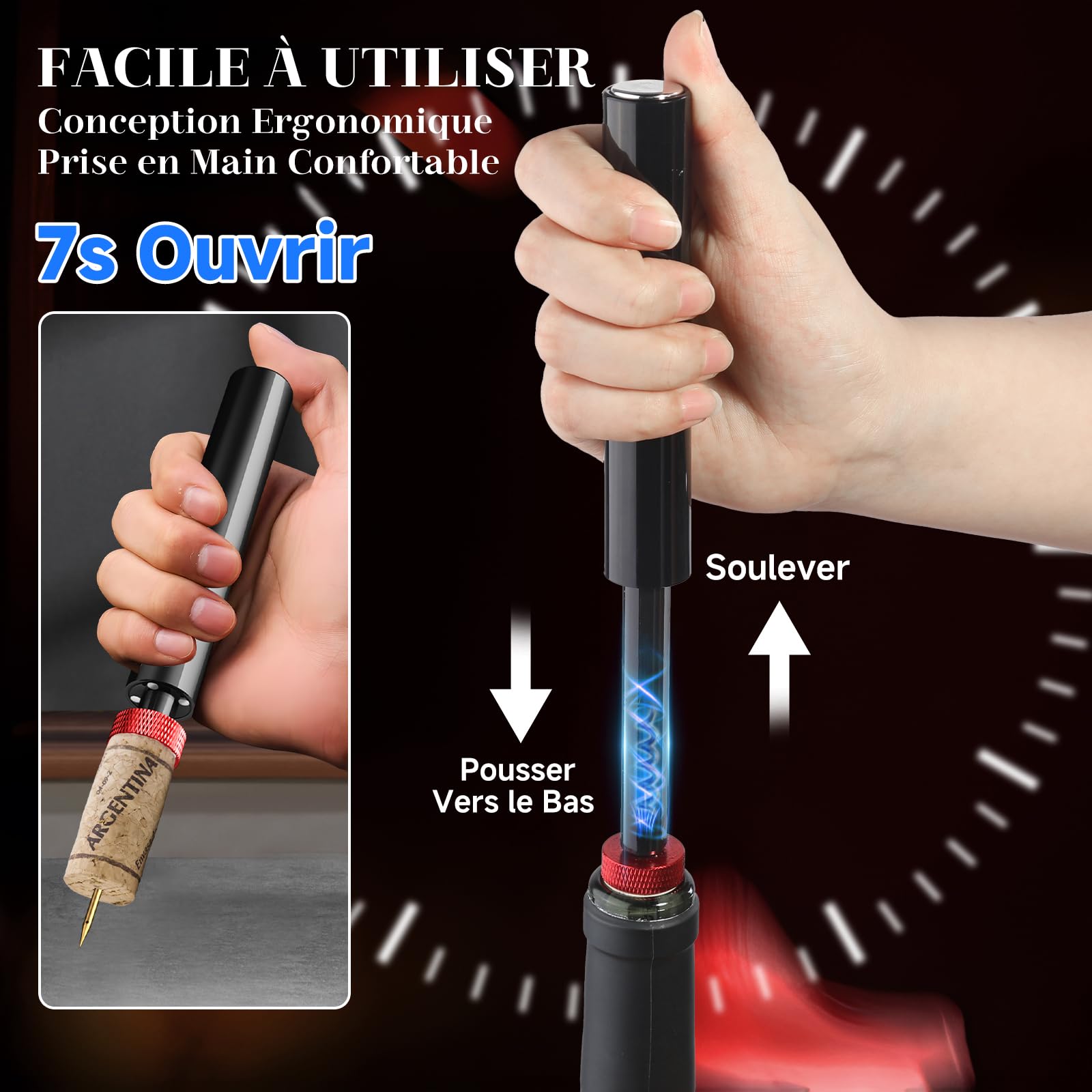 Elegear Tire Bouchon à Pression d'air 7S Décapsuleur Ouvre Bouteille Vin Portable