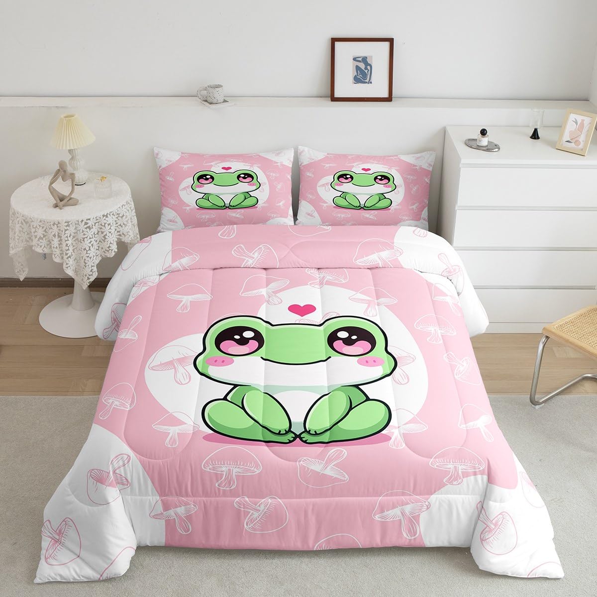 Cartoon Frog Comforter Set Cute Watercolor Pond Green Animal Bedding Set for Kids Girls Teens Lovely Pink Mushroom Heart Graffiti Microfiber Duvet Set with 2 Pillowcases Full Size 3 Pcs