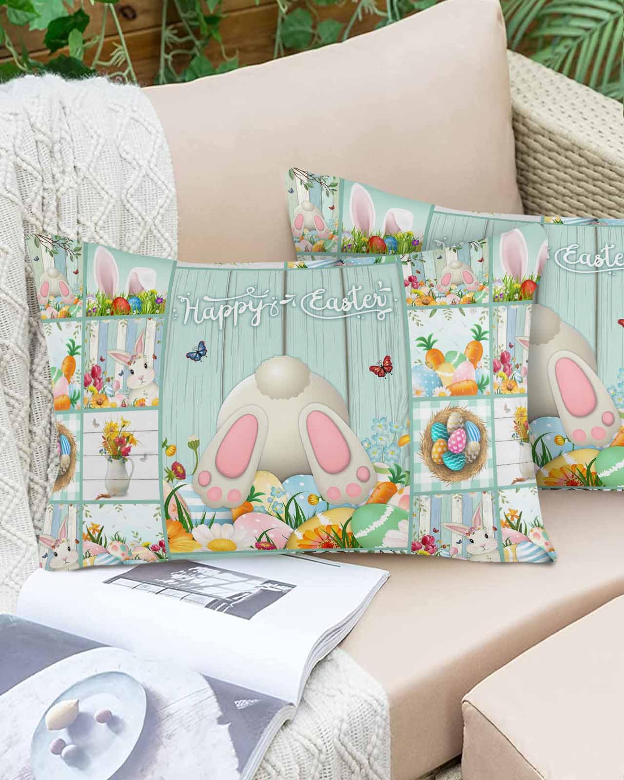 Boanket Lumbar Pillow Covers 12 x 20 in, Easter Waterproof Throw Pillow Cover Set of 2, Bunny Spring Floral Colorful Eggs Plaid Home Decorative Rectangle Cushion Covers for Patio/Couch/Garden
