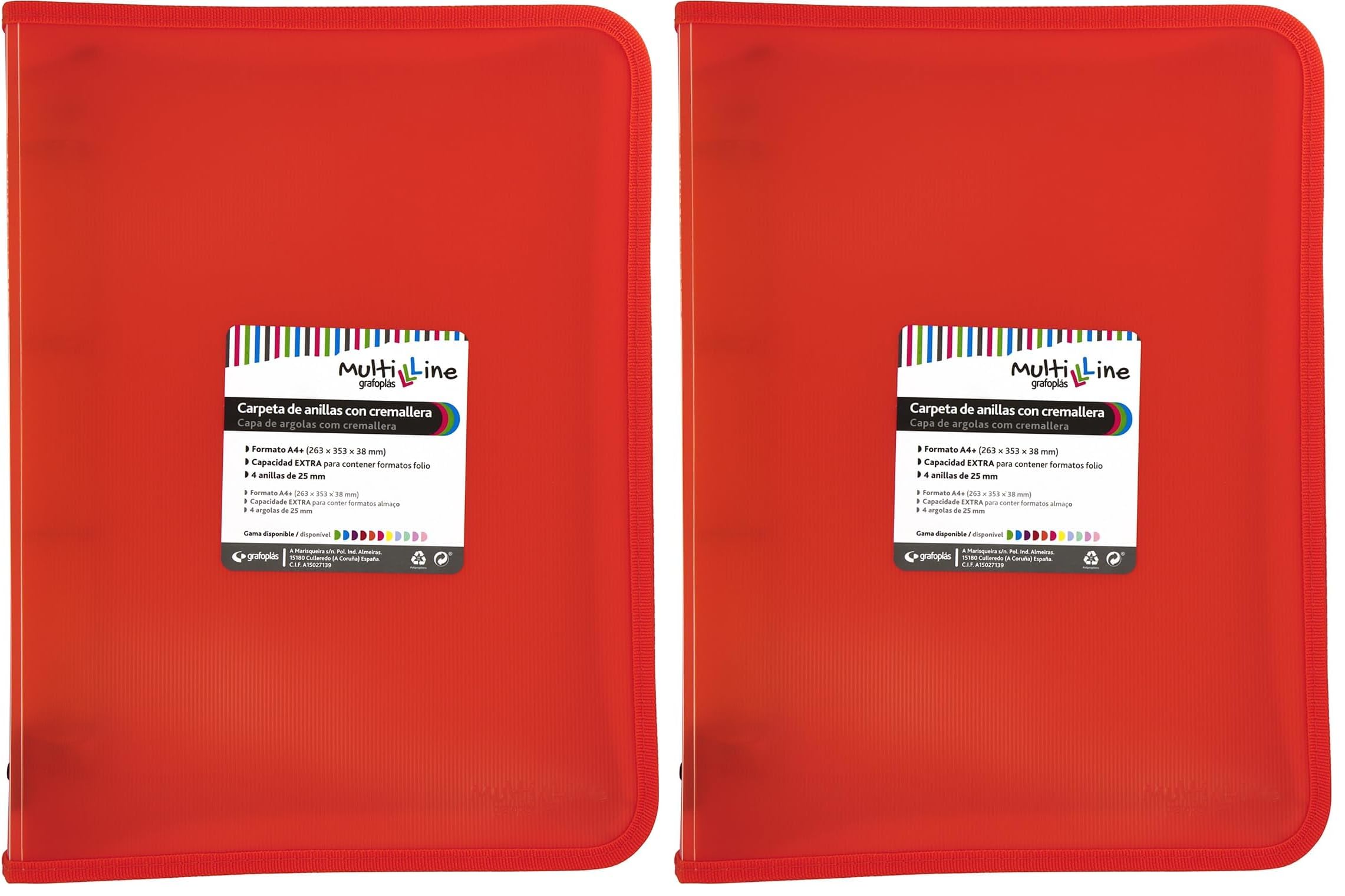 Grafoplás Ringordner mit Reißverschluss, A4+, Rot, Multiline, 4 gemischte Ringe, 25 mm, Deckel aus Polypropylen, liniert, vertikal, extra Kapazität für Blatt im Folioformat (Packung mit 2)