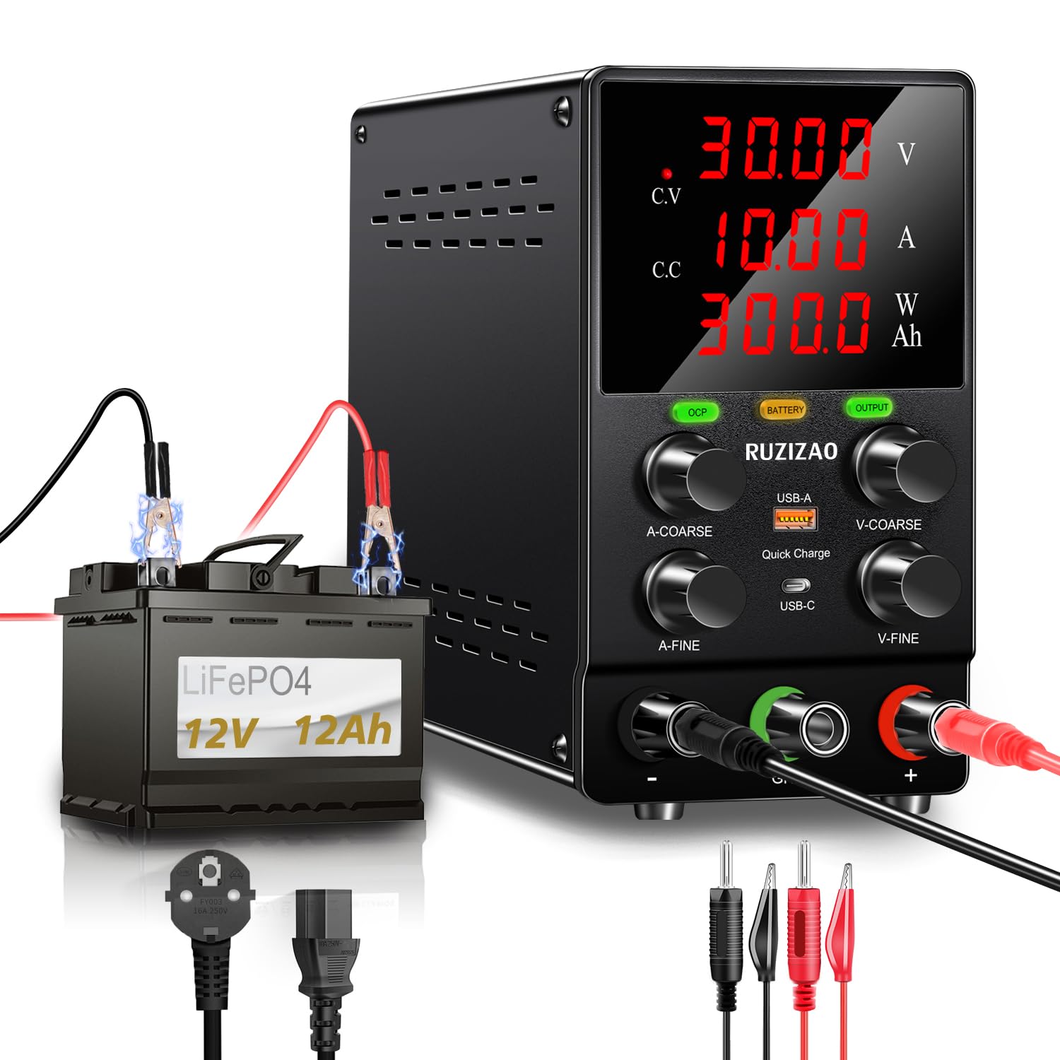 Fuente de Alimentación Regulable 30V 10A DC Fuentes de Alimentación de Laboratorio Fuente de Alimentacion de Banco Ajustable con Botón de Carga de Batería, Función OCP, Interruptor de Salida