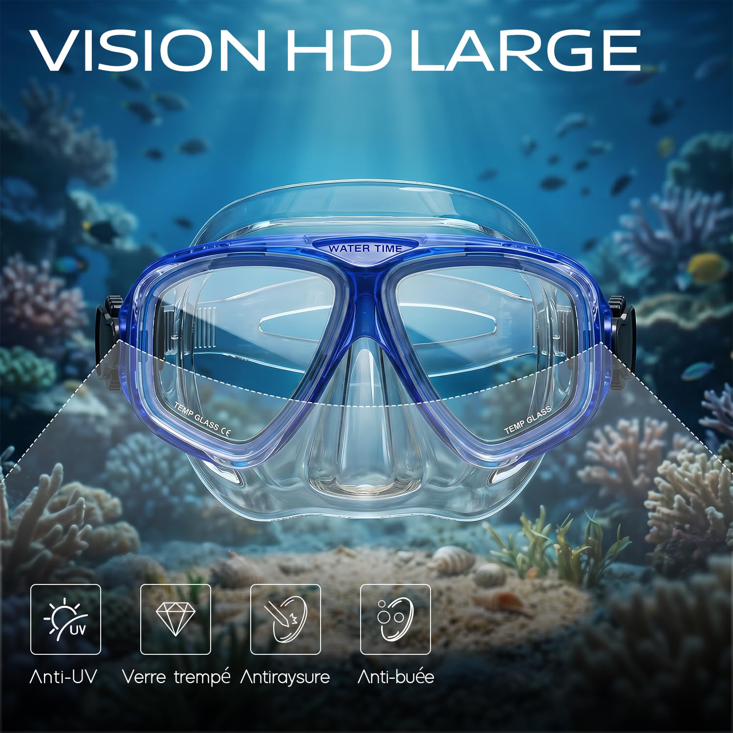 Set de Snorkeling pour Adultes – Masque en Verre Trempé, Tuba Sec avec Valve de Purge, Anti-Buée, Étanchéité Confortable dès 12 Ans
