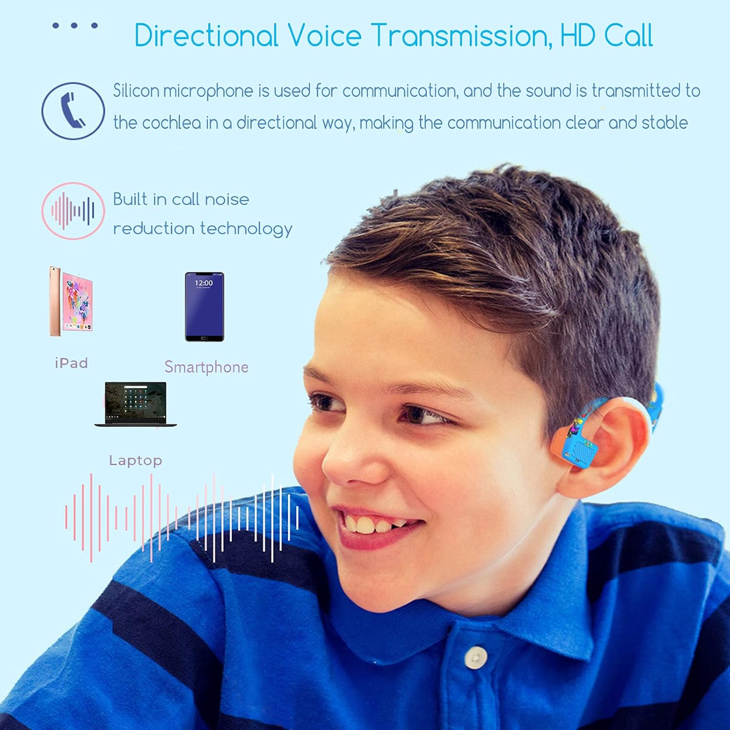 JINSERTA Kids Bone Conduction Headphones Bluetooth 5.0 with Mic, Cartoon Headset Lightweight, Open-Ear Wireless Sweatproof - Image 3