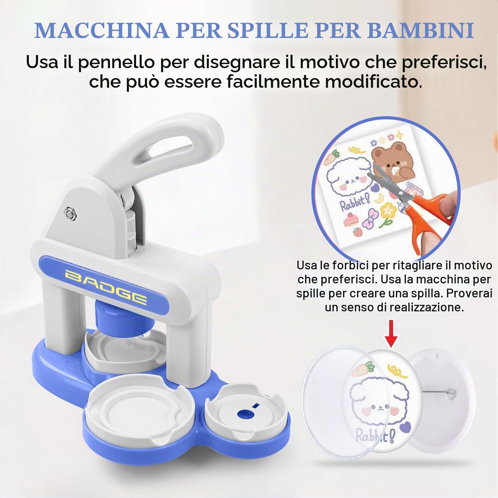 Macchina per creare bottoni per bambini, senza installazione, 35 mm/55 mm fai da te per creare badge fai da te, kit con 72 pezzi di bottoni e 3 adesivi, Blu