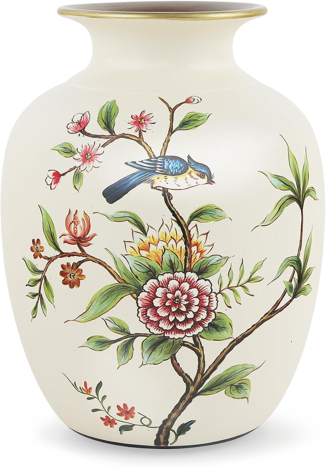fanquare Flower and Bird Ceramic Vase, Chinoiserie Rustic Vases for Home Office Dinning Table Shelf Bookshelf Mantel Countertop Decor