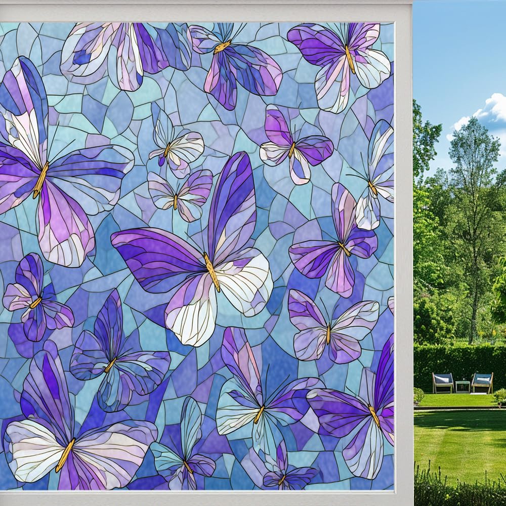 Colorful Butterfly Privacy Window Film, Dreamy Butterflies Artistic Frosted Self-Adhesive Vinyl Cling for Glass Doors Bathroom Windows Sun Blocking Heat Control, （50x80cm）