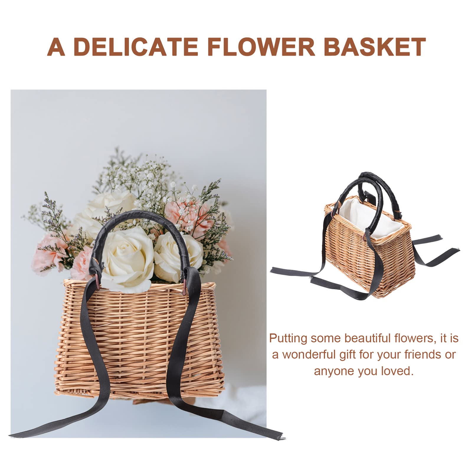Handgefertigter Rattankorb Blumenkorb aus Rattan und Baumwolle Dekorativer Geflochtener Korb Tragbar für Blumen und Trockenblumen bei Festen und Feiern