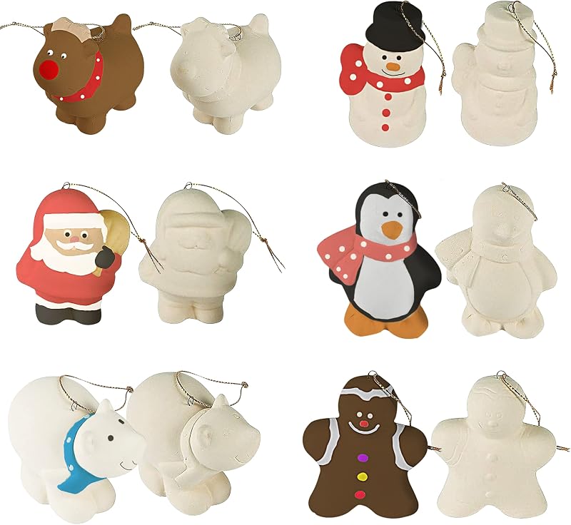 4E's Novelty Ceramic Christmas (Pack of 12) Crafts for Adults & Kids, DIY Design Your Own Ornaments to Paint