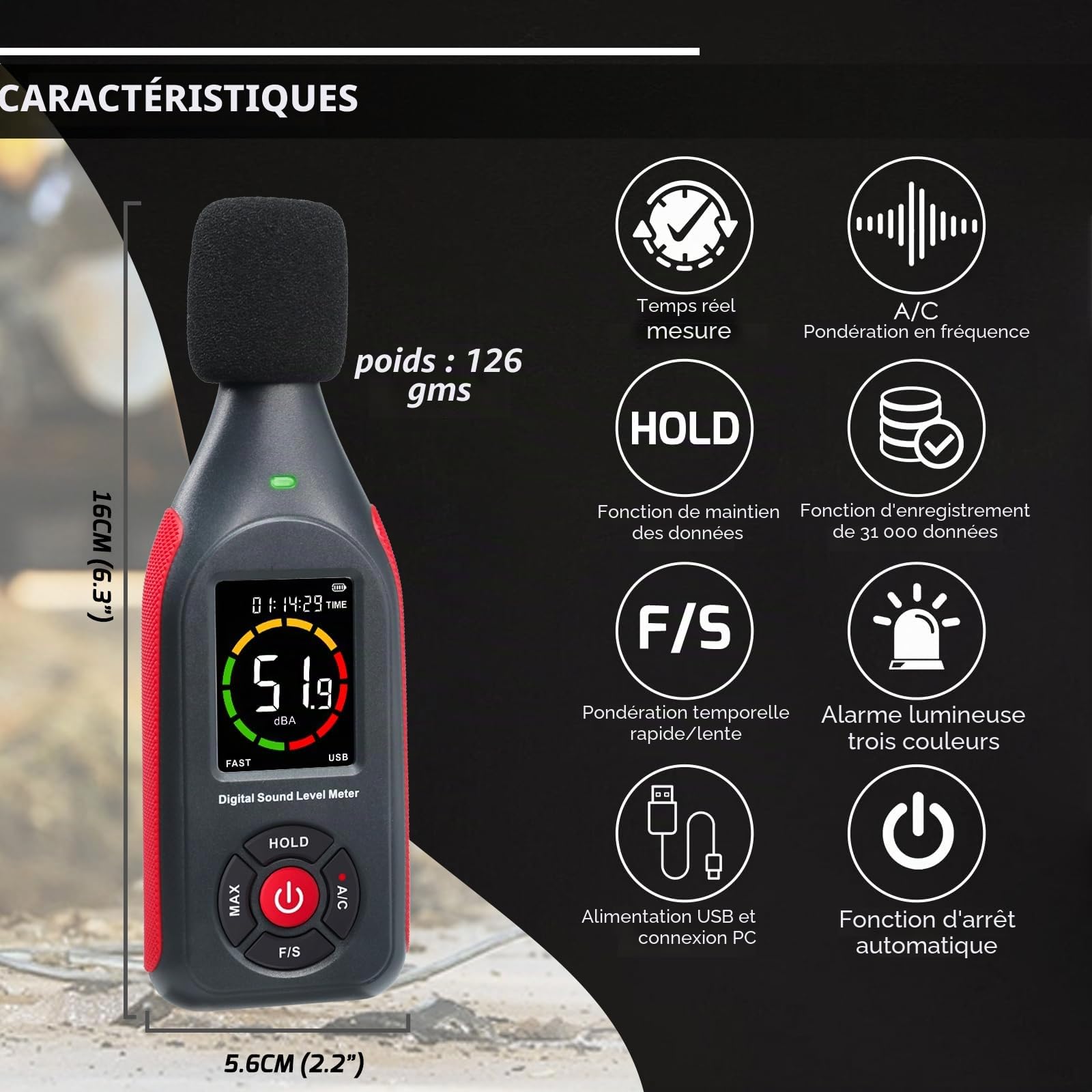 Testeur de niveau sonore avec enregistreur de données portable, sonomètre avec enregistrement de 31 000 données et exportation, sonomètre rechargeable avec sortie fréquence CA/CC, alarme 3 couleurs