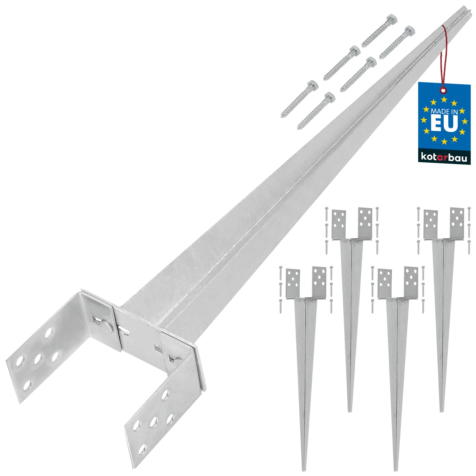Kotarbau Silver Kotarbau® 4 Pcs Fence Post Support - 0–160 Mm (0–6.3 Inches) - Galvanised Steel - 70 Cm (27.6 Inches) - Ground Spike - Adjustable Post Anchor - U Bracket - For Fencing Garden Construction