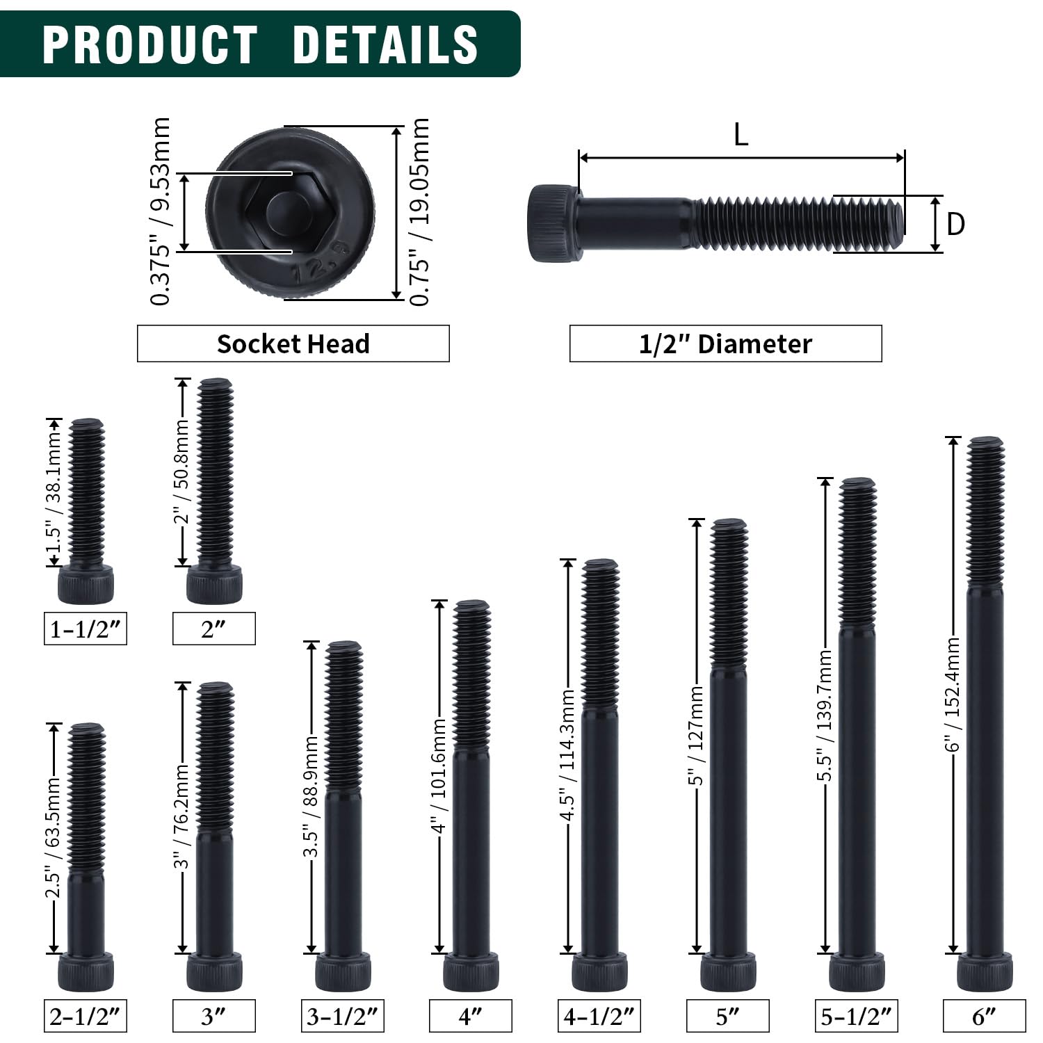 1/2-13 x 1-1/2" Socket Head Cap Screws Bolts, 12.9 Grade Alloy Steel, Black Oxide Finish, Allen Hex Drive, Full Thread, 8-Pack