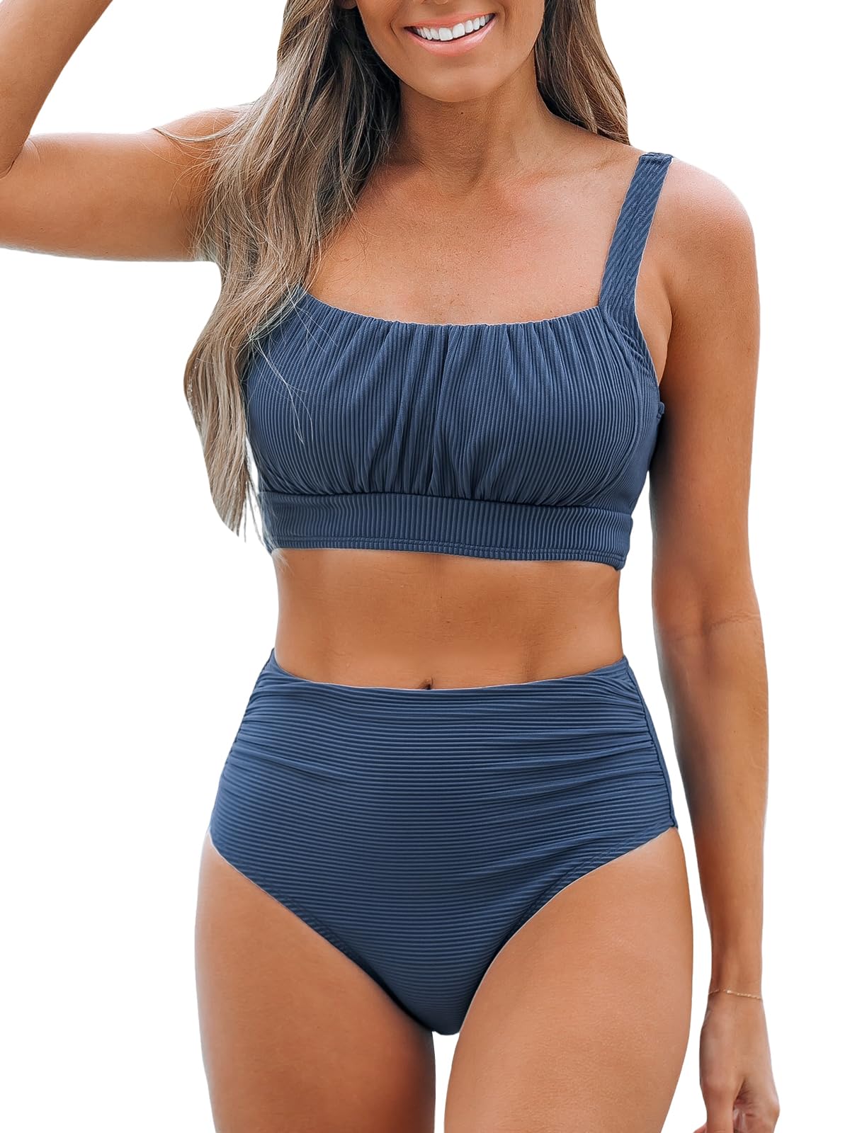 CUPSHE Damen Bikini Set Zweiteilige Bademode Hohe Taille Quadratischer Ausschnitt Verstellbare Träger Raffung Badeanzug