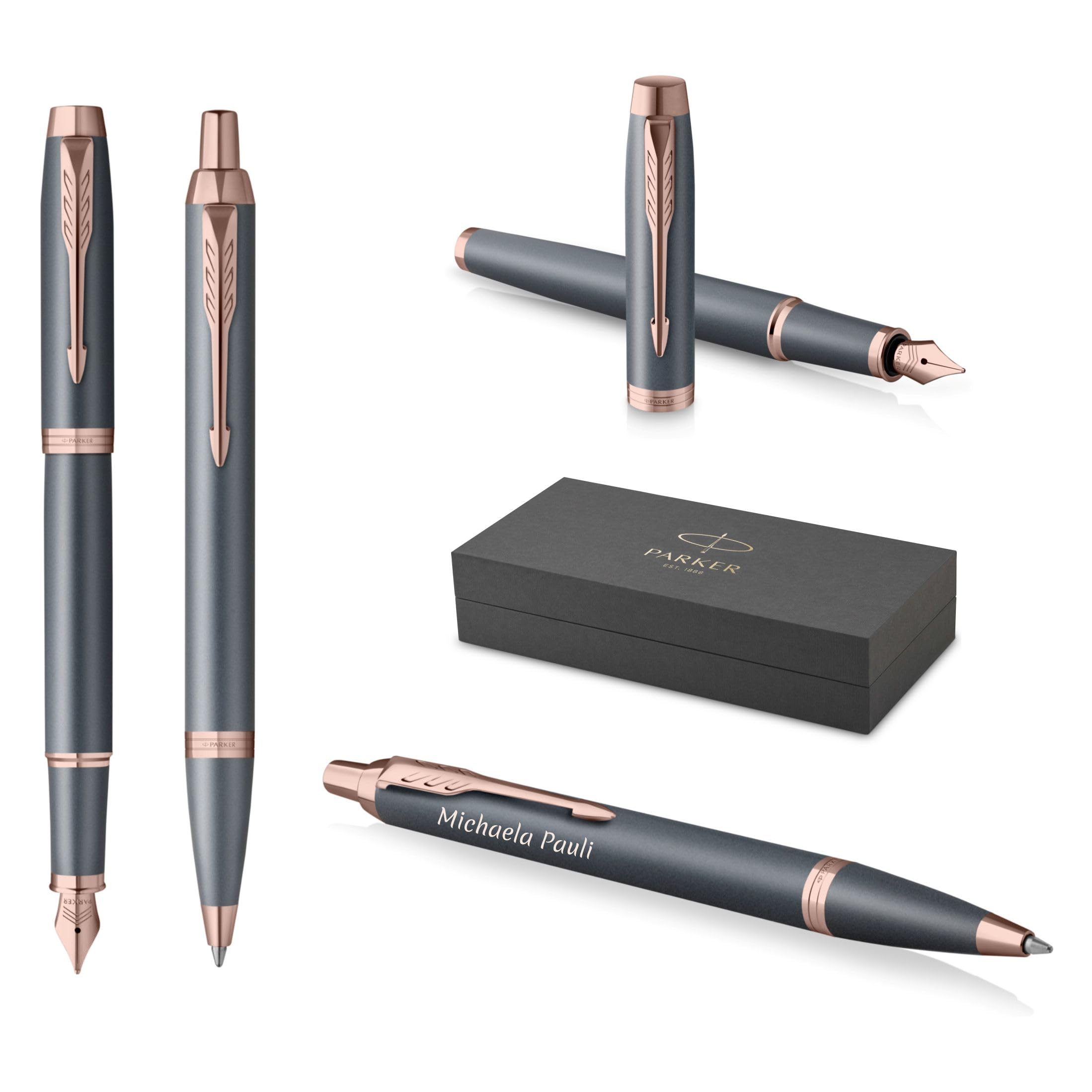 PARKER IM Set penna a sfera + penna stilografica con incisione personalizzata – Penna di lusso personalizzata – The Finishing Touch Collection regalo per matrimonio, compleanno, ufficio (Slate)