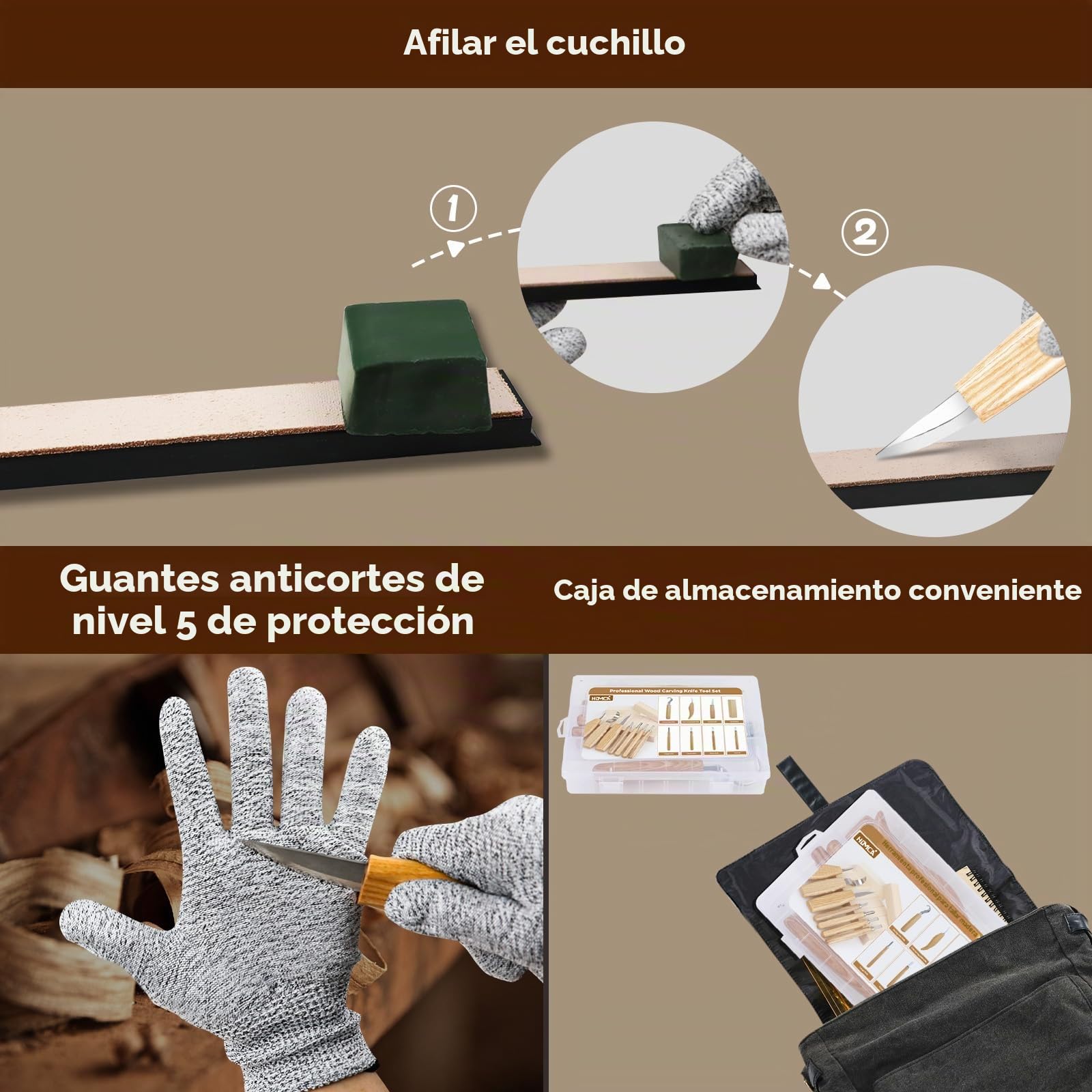 HOMCA Juego de Herramientas para Tallar Madera, 23 en 1, Cuchillo de Madera con Piedras de Afilar, 7 piezas, Juego de Tallado para Adultos y Niños, con Guantes Resistentes a los Cortes registro)