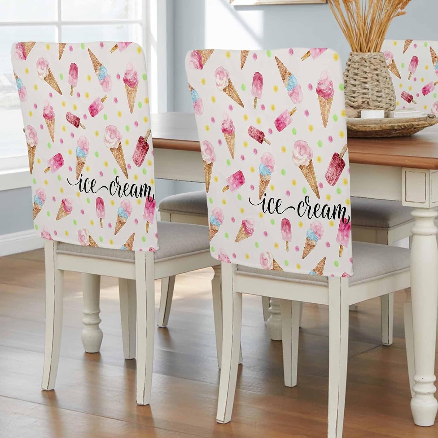 6 Pack Ice Cream Chair Back Cover for Dining Room Summer Desert Watercolor Popsicle Colorful Polka Dot Removable Back Chair Slipcovers Washable Dining Seat Protector for Holiday Party Weeding Banquet
