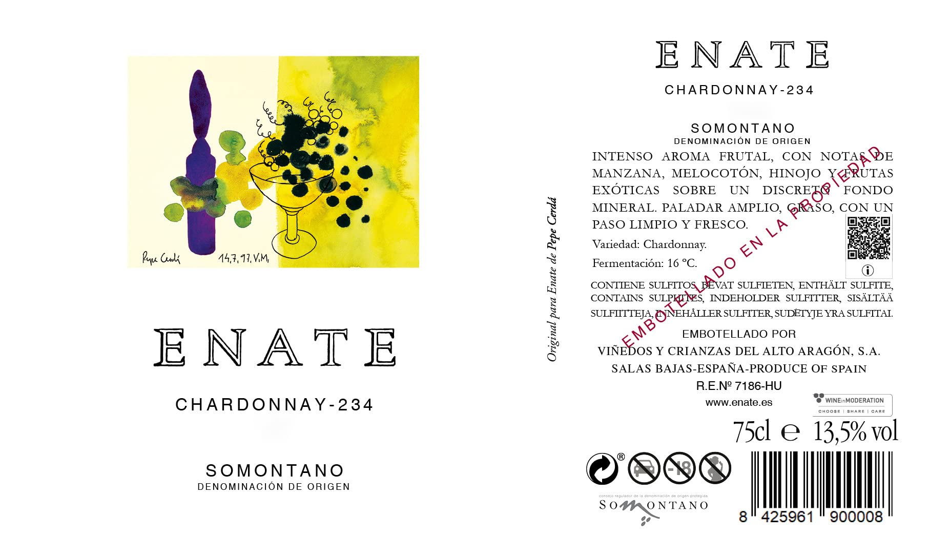 Bodega Enate - Pack de 6 Botellas de 75cl de Chardonnay-234 - D.O. Somontano - Vino Blanco - Afrutado: Melocotón, Guayaba, Maracuyá, Almibarado - Notas de Hinojo - Fondo Mineral