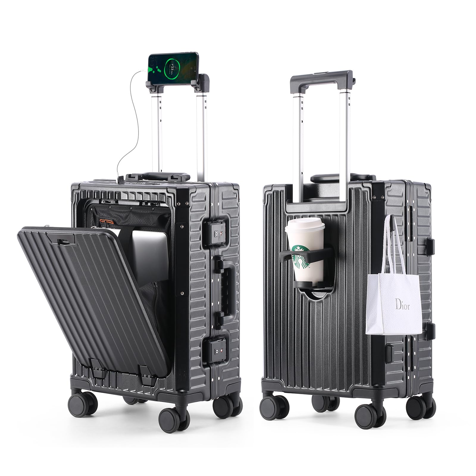 Carry On Luggage 22x14x9 Airline Approved - Luggage with Cup Holder, Front Pocket, USB Port, Aluminum Frame Carry On Suitcases with Spinner Wheels and TSA Lock (Black, 20-lnch)