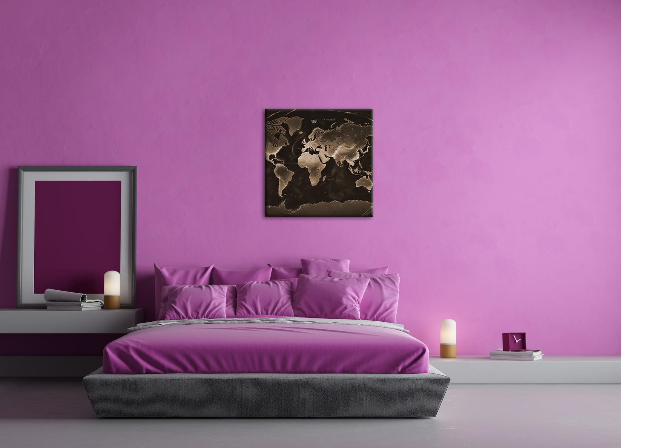 Mapamundi luminoso en la oscuridad, los continentes brillan como venas brillantes de la tierra. Formato: 70 x 70 cm. Efecto: sepia como lienzo, diseño enmarcado en marco de madera auténtica, impresión