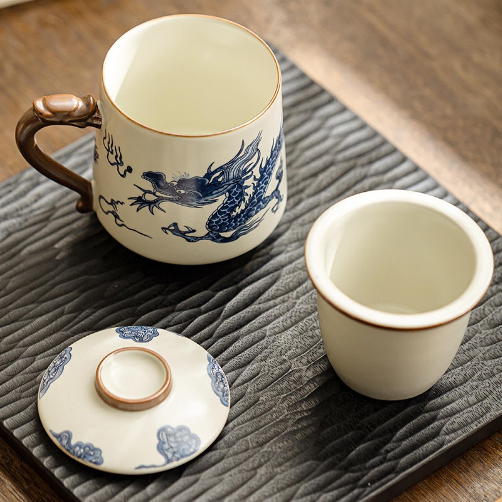 Ru Kiln Tasse minimaliste en céramique avec filtre et boîte à thé Beige 440 ml