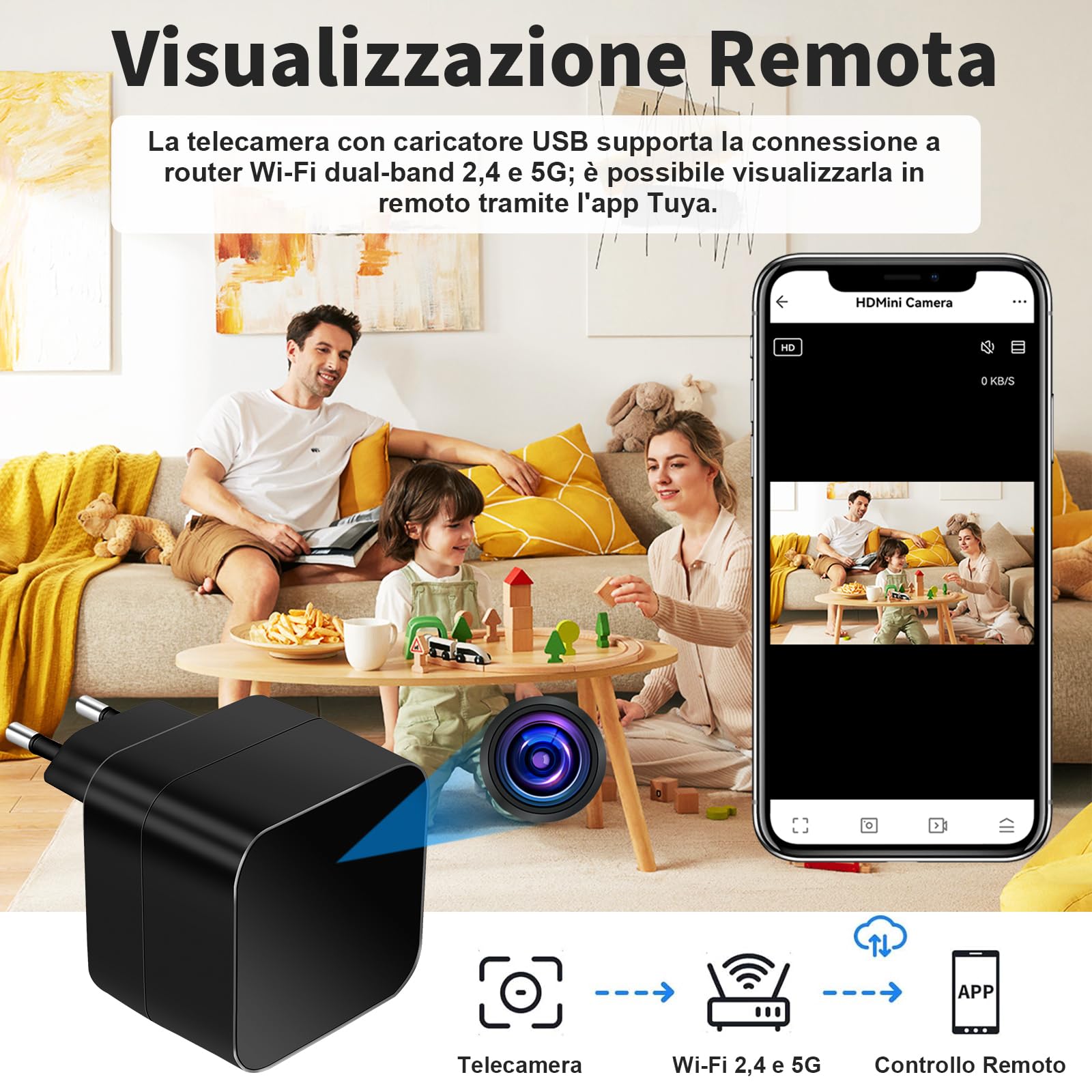 LXMIMI Telecamera Nascosta Wifi 5G, Telecamera con Caricatore USB, Mini Telecamera Spia Wifi HD 1080P con Rilevamento del Movimento e Registrazione in Loop per la Visualizzazione Remota Tramite APP