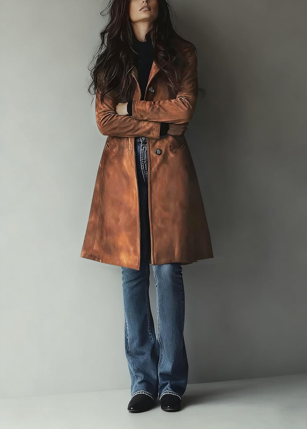 utcoco Womens Long Suede Trench Coat Single Breasted Leather Trench Overcoat with Pocket - Image 4