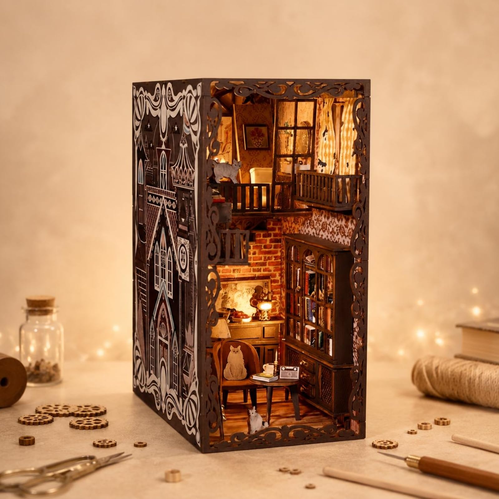LeeQinersw Miniatur Bausatz Buchstützen Szene Modell Modell DIY Kit Holz Stoff Batteriefach Schalter Warmes Ambiente für Geschenk Hobbyraum Leser