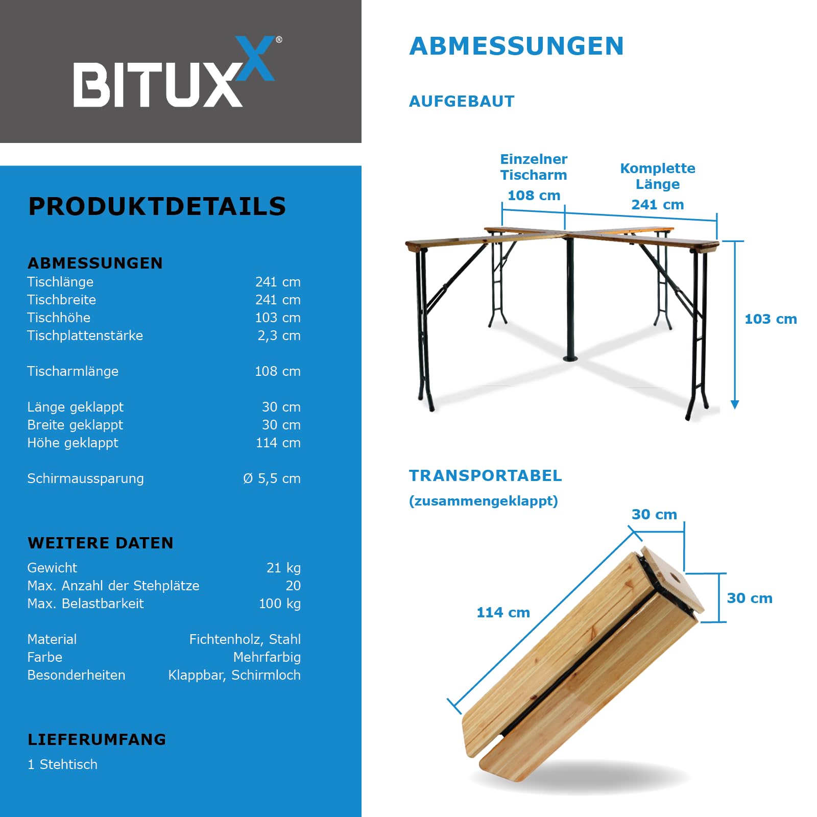 BITUXX Bierzeltgarnitur Festzeltgarnitur Biertisch Kreuztisch Stehtisch Quattro klappbar Kreuzform 241cm mit Schirmständer