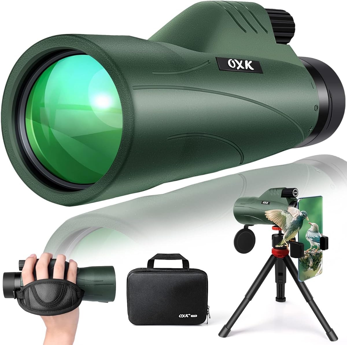 12x56 High Power Monocular Telescope for Adults | Comes with Smartphone Adapter Tripod Travel Bag | Bird Watching Hunting Hiking Camping Gift - Green