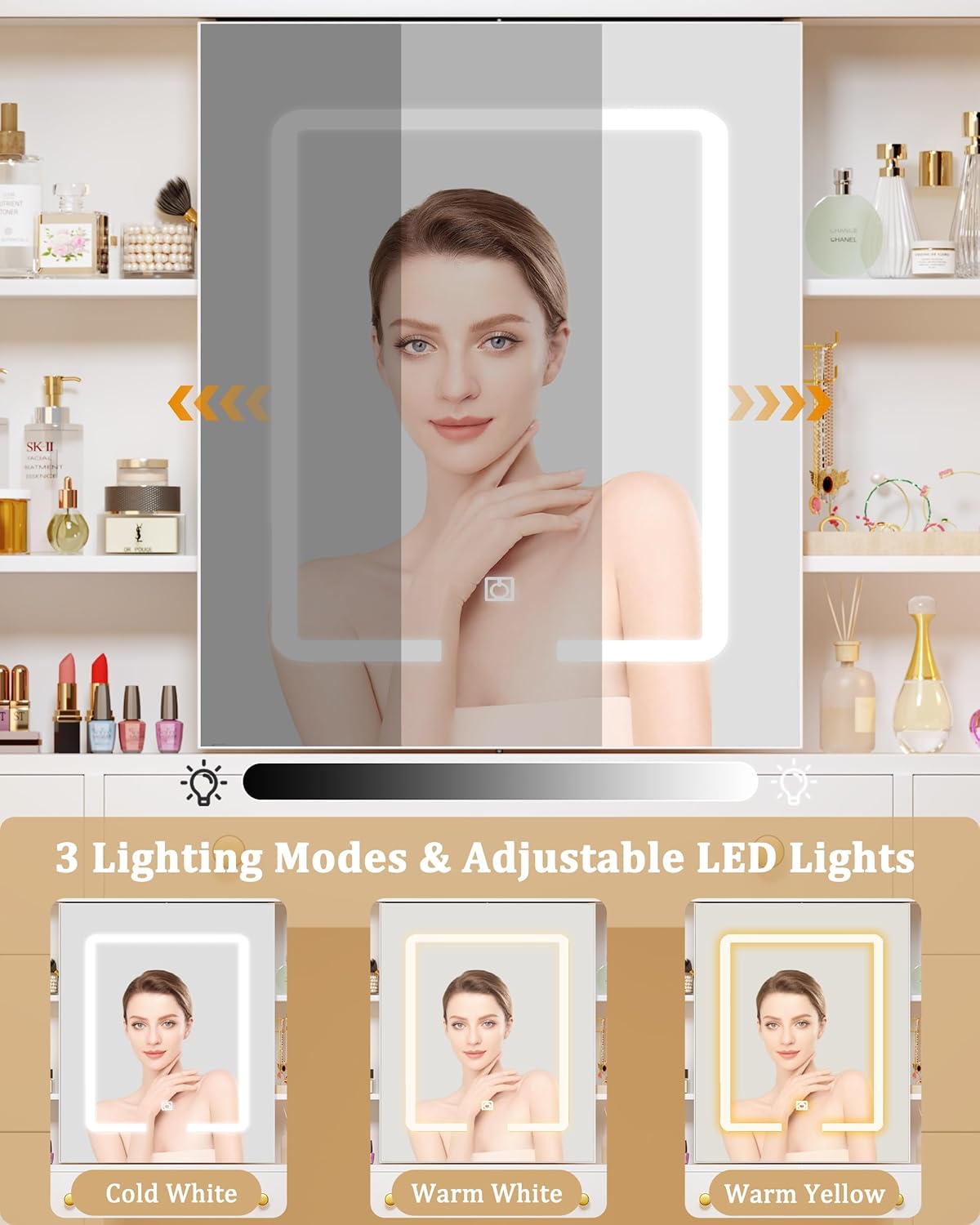 Close-up of the vanity mirror showing a woman's reflection and three lighting modes: Cold White, Warm White, and Warm Yellow, with a touch switch icon.