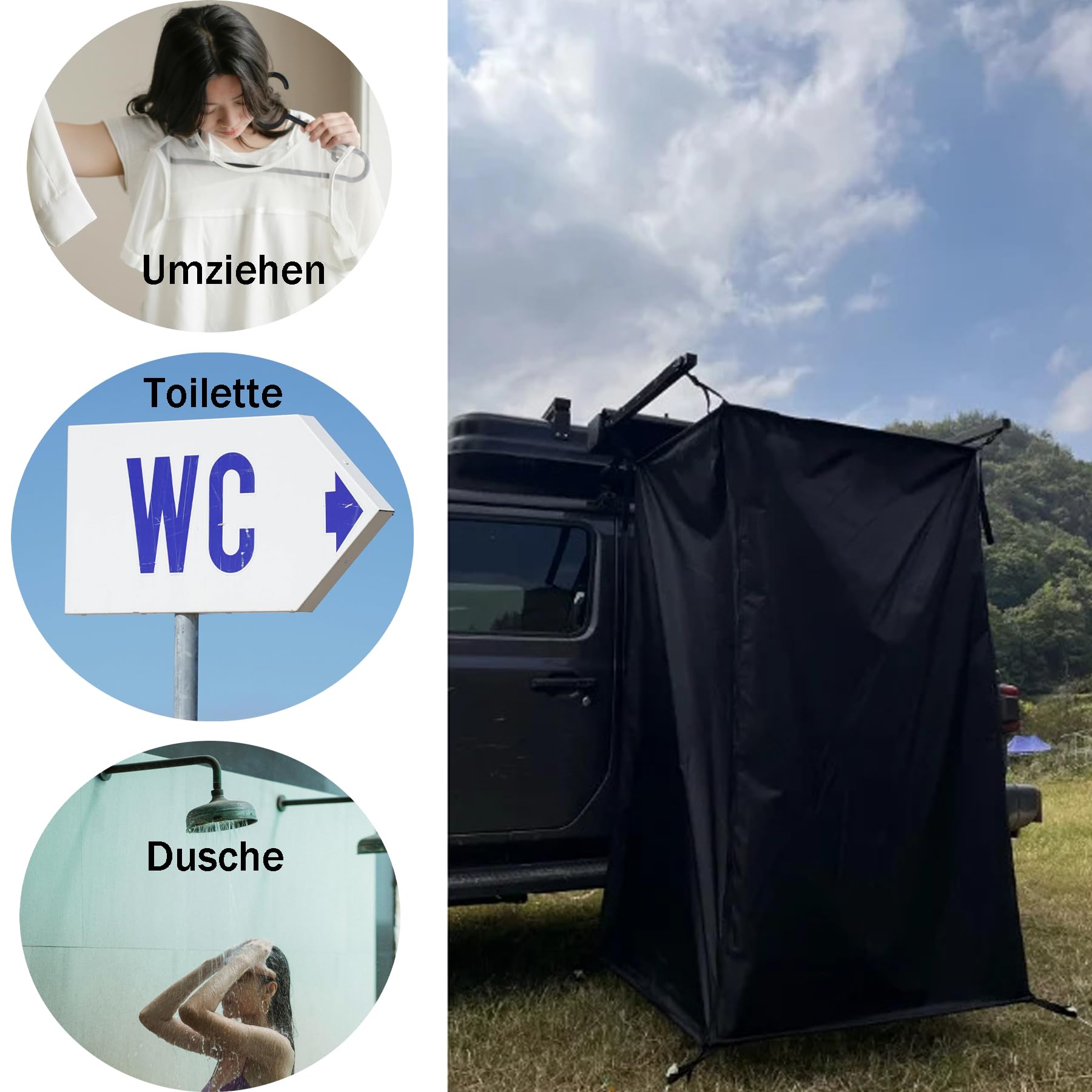 Schwarz Camping Dushzelt, 180X100X100CM Universal Outdoor Privatsphäre Campingdusche Abdeckhaube, Tragbare Wasserdicht Toilettenzelt für Wohnmobil Van, Montagehalterung Nicht Enthalten
