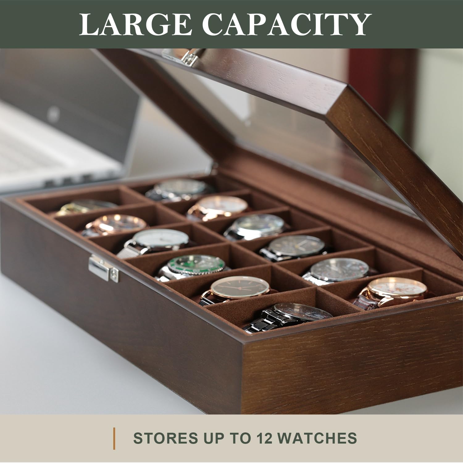 Slege porta orologi in Legno a 12 Posti,Scatola per orologi in Legno,Elegante Porta orologi uomo,Vetrina in Vetro Porta orologi per 12 orologi,Watch box per uomo Regalo (Marrone)