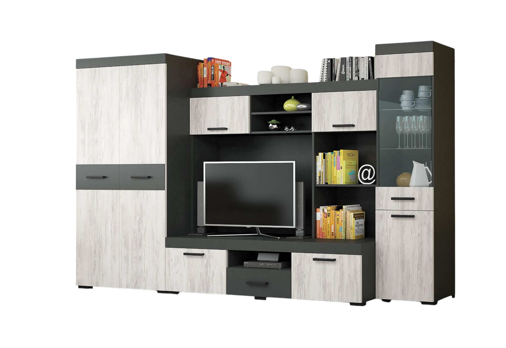 Parete Attrezzata Moderna Composta da 3 Elementi Separati (Armadio, Sezione TV e Vetrinetta), Arredamento per Soggiorno in Rovere Bianco/Grigio Antracite SG30